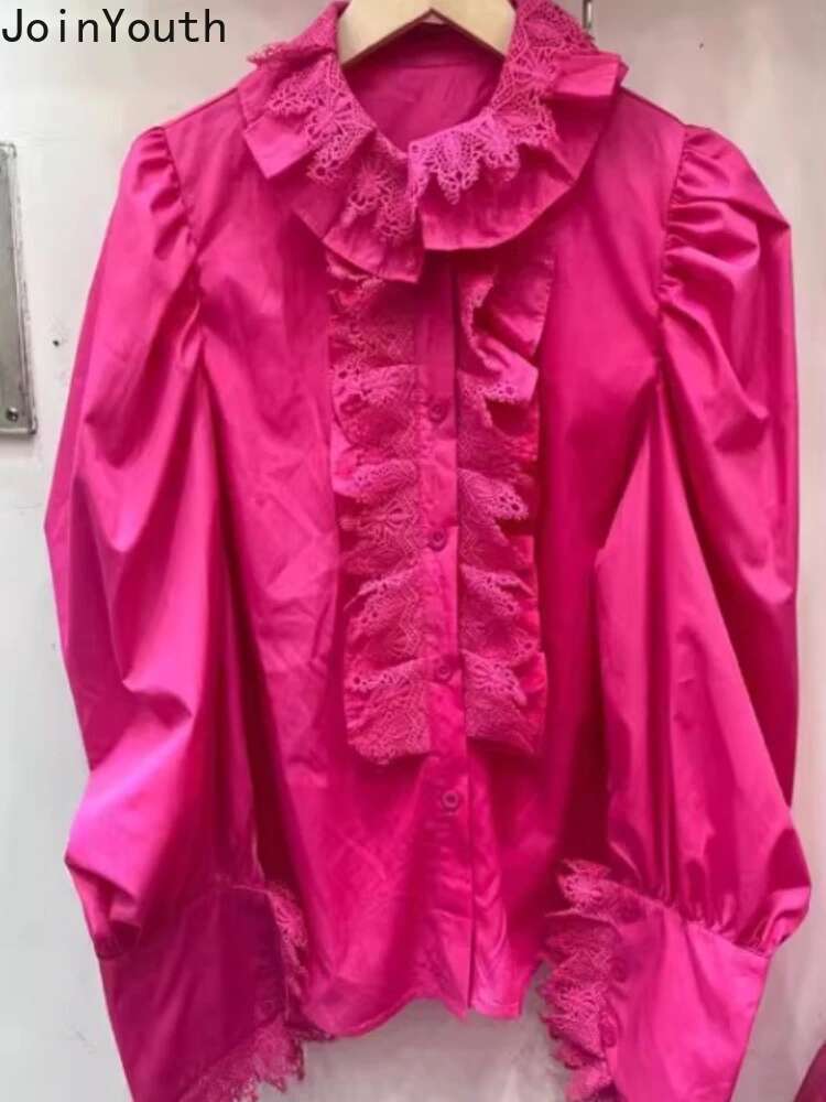 2025 Blusas Mujer De Moda Vintage Blouses Womens Clothing Puff Sleeve Patchwork Lace Shirts Loose Solid Color Temperament Tops