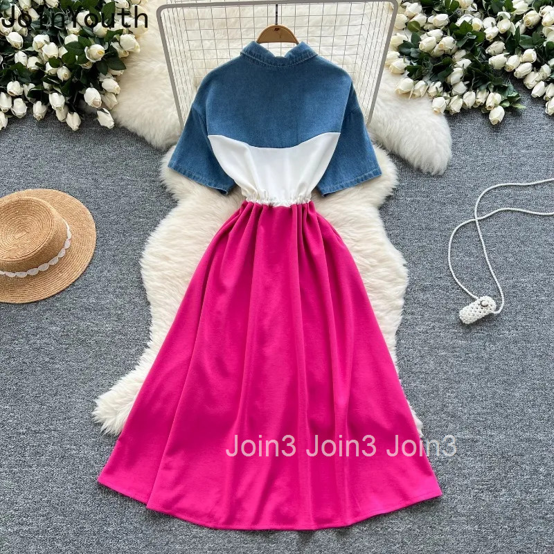 Contrast Color Woman Dress Fake Two Chic Robe Femme 2025 Vestidos De Mujer Patchwork Denim Chic Casual Slim Waist Summer Dress