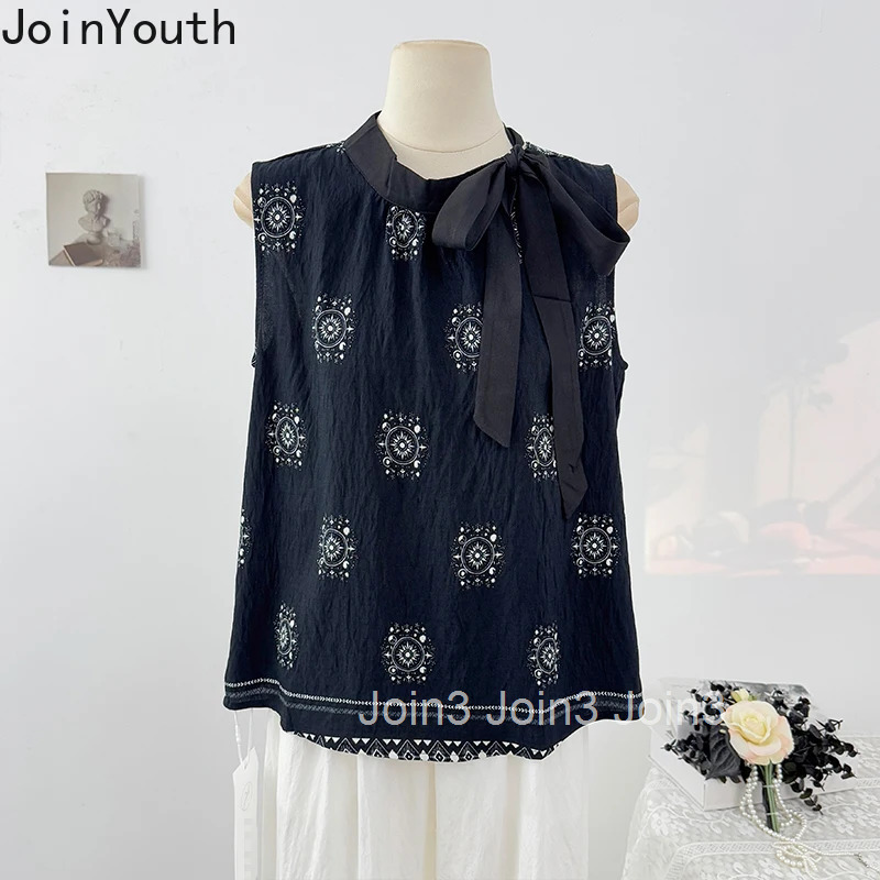 Bohemia Blouse Women Clothing Stand Neck Sleeveless Bandage Shirt 2025 Blusas Mujer De Moda Loose Summer Vintage Tops Female