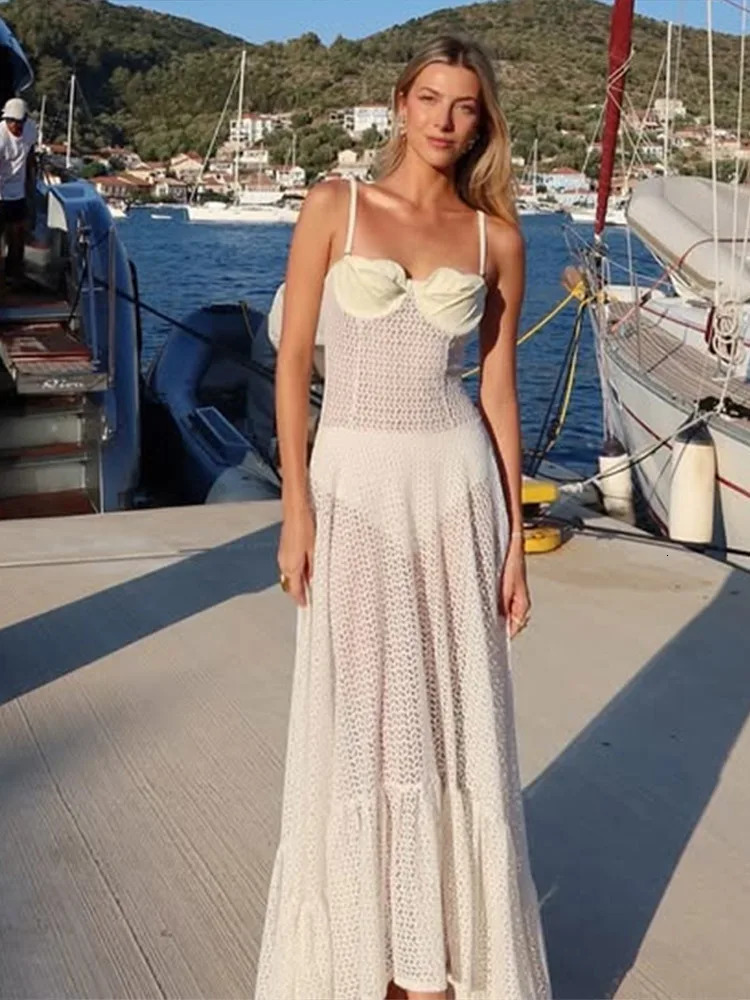 Hollow Out Knitted Patchwork Long Dress Women Spaghetti Strap See Through Backless Fashion Vacation Beach Ruffled Hem Dresses 250617