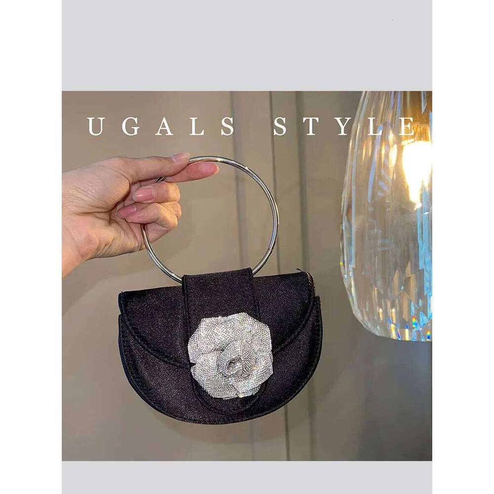 Designer Bag Veet Half Round Handbags Women Elegant Boutique Metal Ring Handle Rhinestone Satin Evening Clutch Purses Wedding