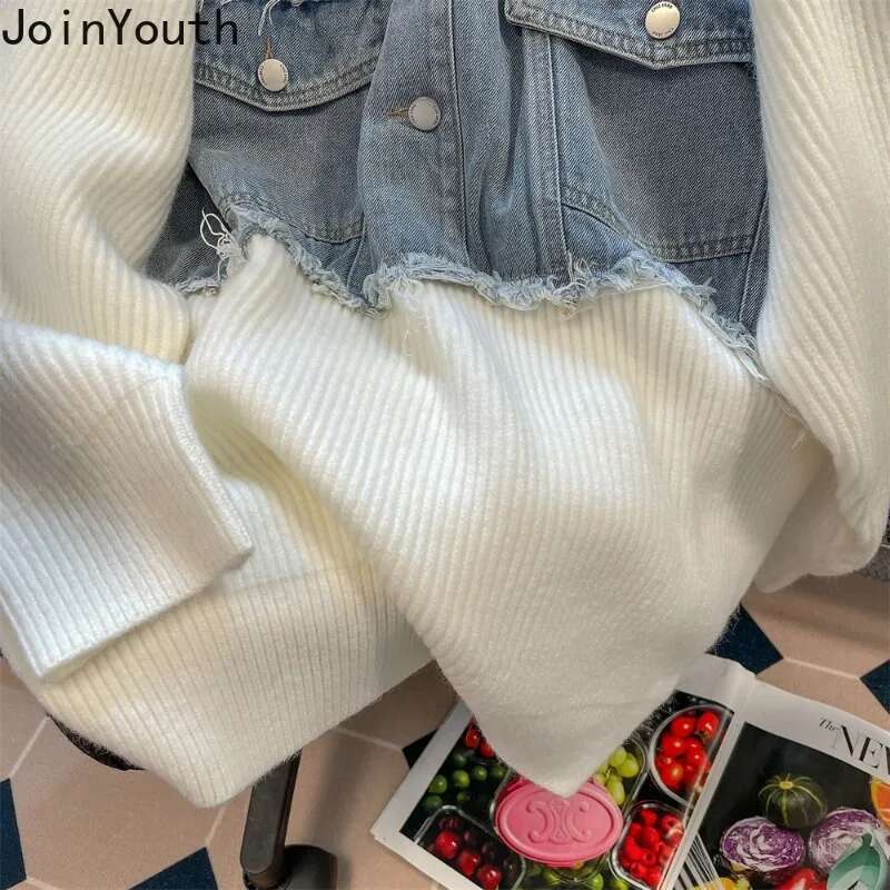 Streetwear Oversized Pullovers Women Clothing Patchwork Denim Casual Jumper Sueter Mujer Vintage Fashion Knitted Sweater Coat
