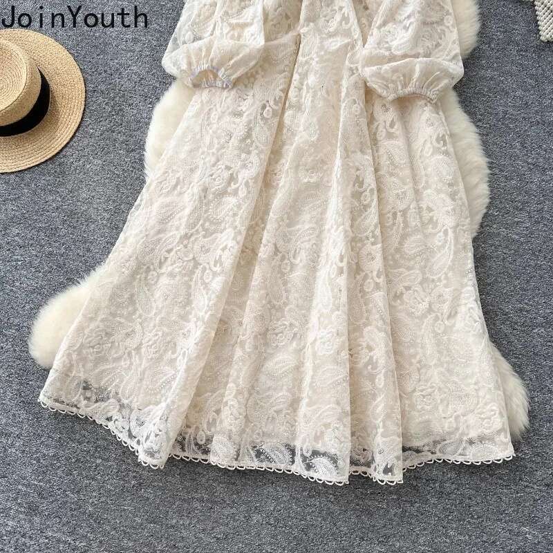 Vintage Maxi Dresses for Women Puff Sleeve Lace Hollow Out Robe Femme 2025 Vestidos De Mujer A-line Temperament Summer Dress