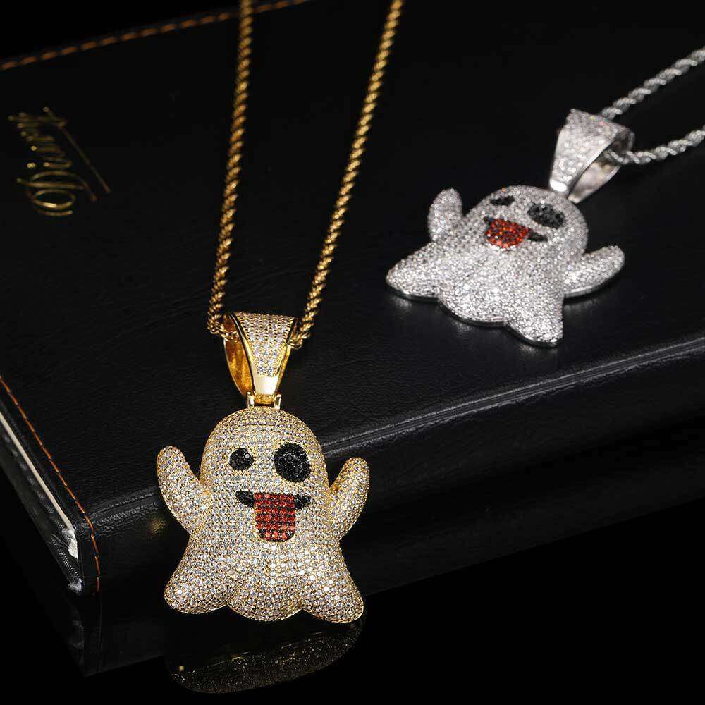 Large Tongue Out Funny Face Ghost Pendant Micro Paved Zircon Trendy Hip Hop Necklace Jewelry 525c