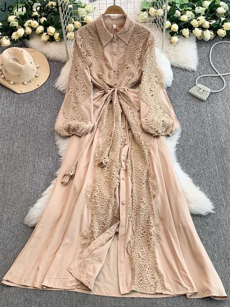 Elegant Dresses Women Single Breasted Slim Waist Temperament Robe Femme Patchwork Lace Hollow Out Dress 2025 Vestidos De Mujer