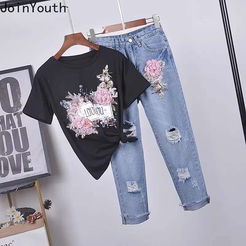 Two Piece Sets Womens Outfits Roupas Femme 3D Floral White Tshirts Tunic Hole Denim Pants Suit Fashion Korean Temperament Set