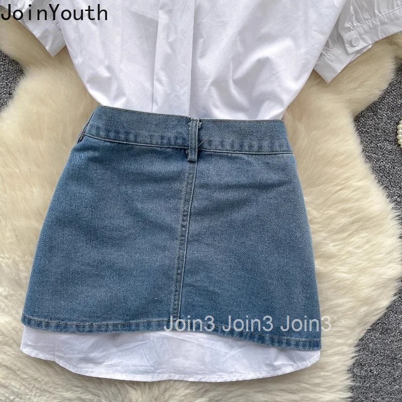 Korean Women Clothing Two Piece Sets Denim Skirt Outfits Folds White Blouses Bodycon Mini Skirts Suit Fashion Casual Summer Set