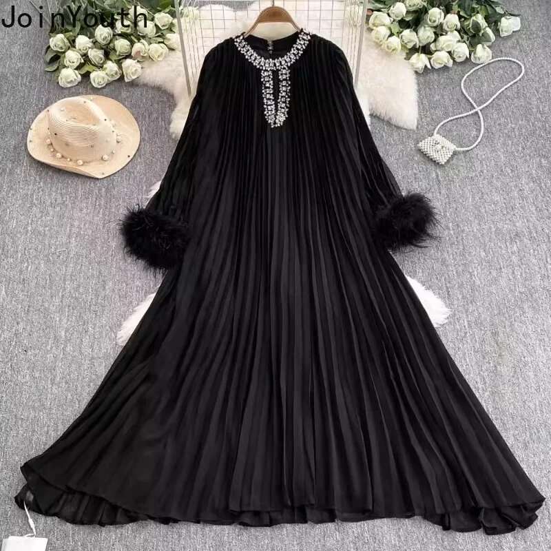Korean Chic Woman Maxi Dresses Diamond O-neck Feather Loose Flare Sleeve Robe Femme Vintage Pleated Dress 2025 Vestidos De Mujer