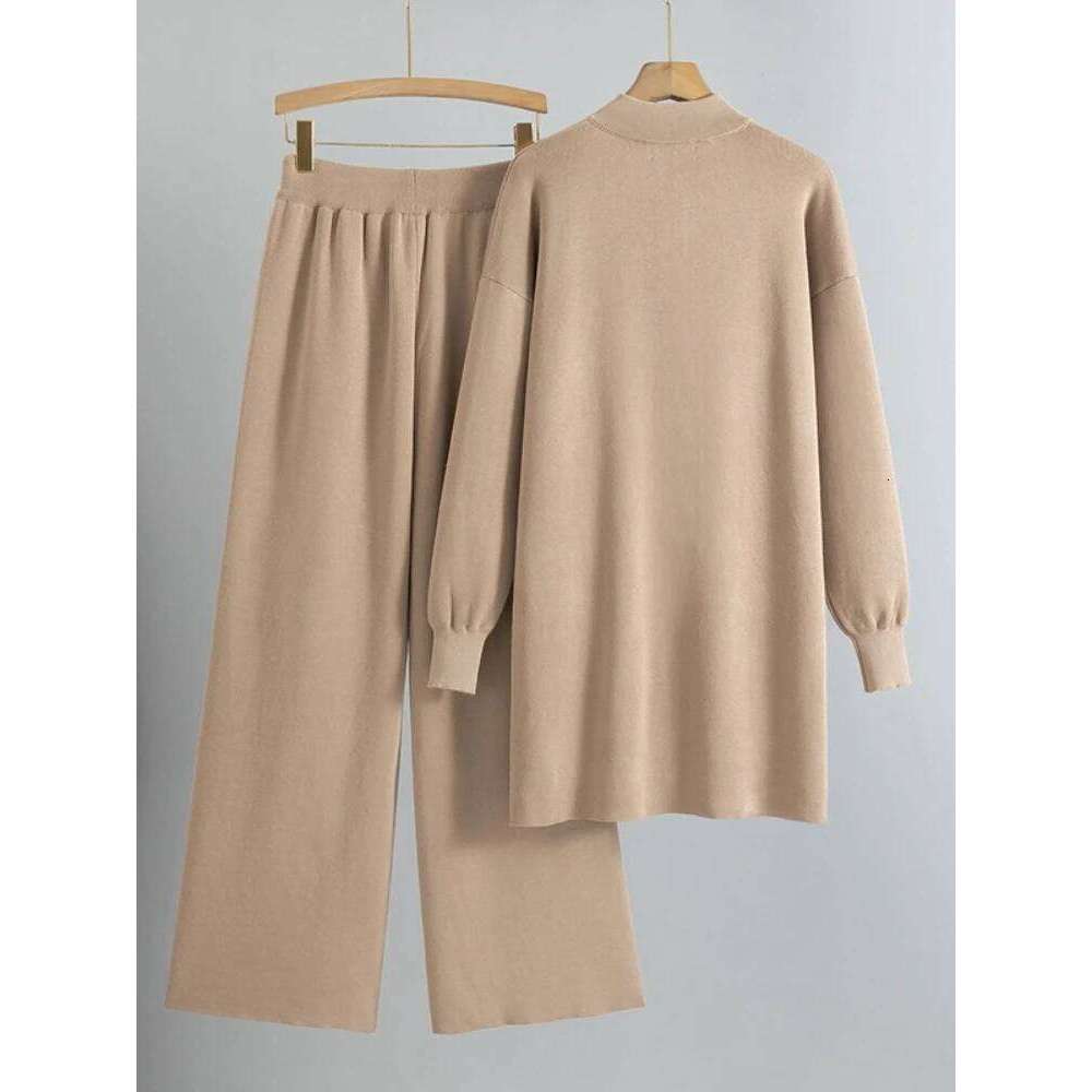 Designer Leisure High Quality European and American style suit zipper loose knit sweater long top+drawstring wide leg pants casual temperament 2piece 