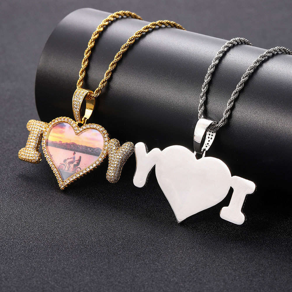 Hip Hop Personality DIY Bubble Letter Splicing Heart Pendant Micro Paved Zircon Photo Frame Men's Necklace 0d61