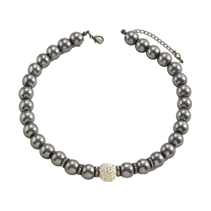 Faux Pearl Necklace With Zircon Inlay, Elegant Dark Gray Clarbone Chain, Chain