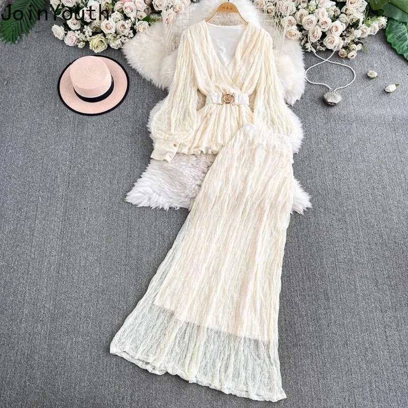 Women Clothing Skirt Outfits 2 Piece Sets V-neck Lantern Sleeve Slim Waist Tops High Waist Slim Fit Suit Fashion Temperament Set