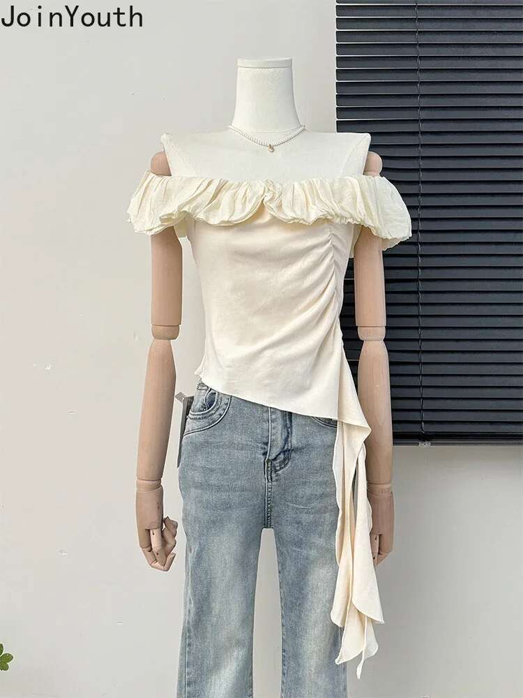 Crop Top Women Clothing Sexy Irregular Tanks Slash Neck Sleeveless Tunic Folds Camis Y2k Tops Sweet Ruffles Summer Chic Vests