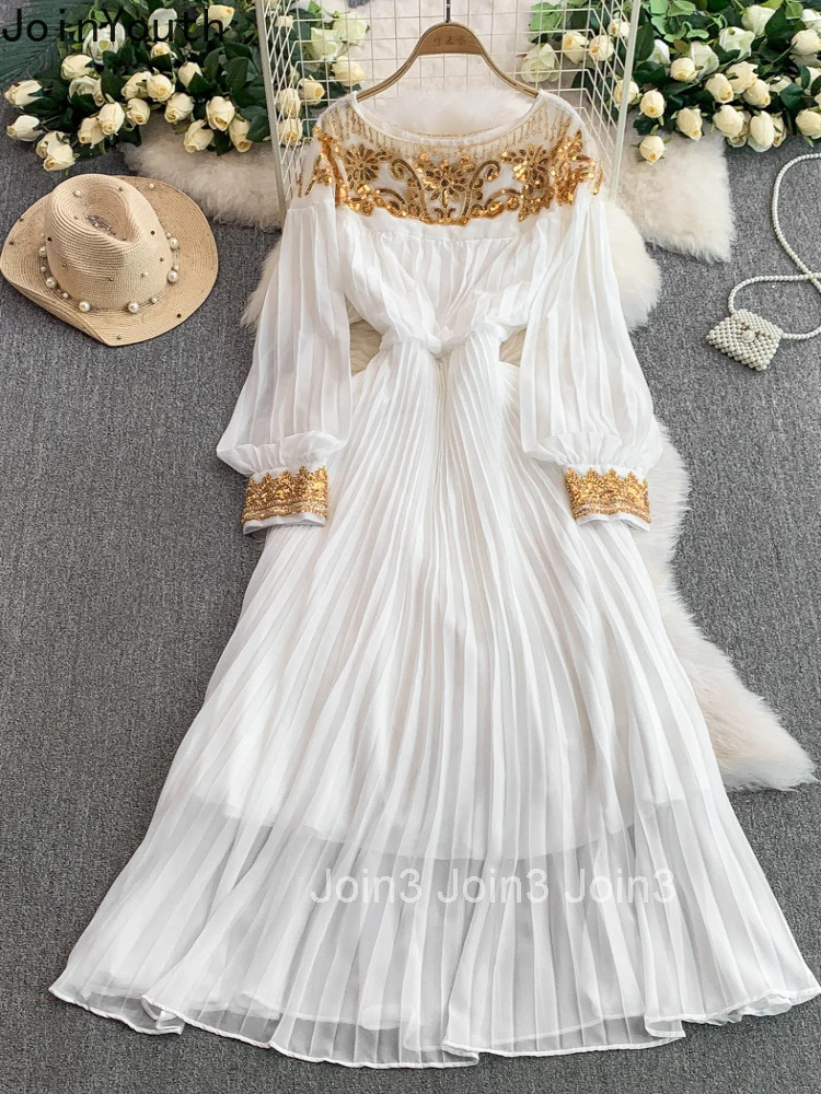 Temperament Robe Femme Summer Elegant Pleated Dresses for Women 2025 Vestidos De Mujer O-neck Vintage Bandage Sequin Maxi Dress