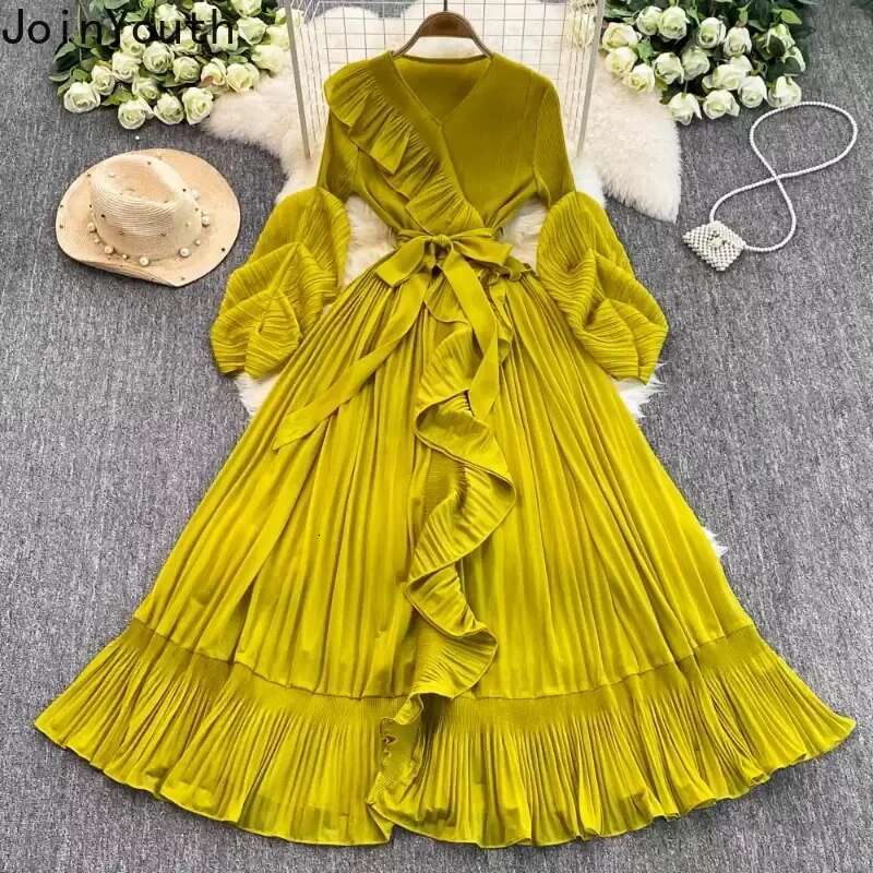 Temperament Robe Femme Ruffles Maxi Dress Women Clothes V-neck Slim Waist Big Swing Pleated Dresses 2025 Vestidos De Mujer
