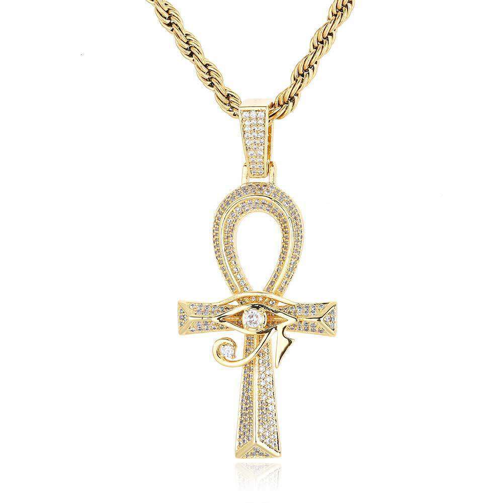 Hip Hop Eye of Horus Ankh Cross Pendant Micro Paved Zircon Personality Necklace Accessory 5e76