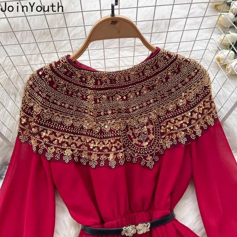 Temperament Robe Femme Maxi Dresses for Women Long Sleeve O-neck Sequin Slim Waist Vintage Pleated Dress 2025 Vestidos De Mujer