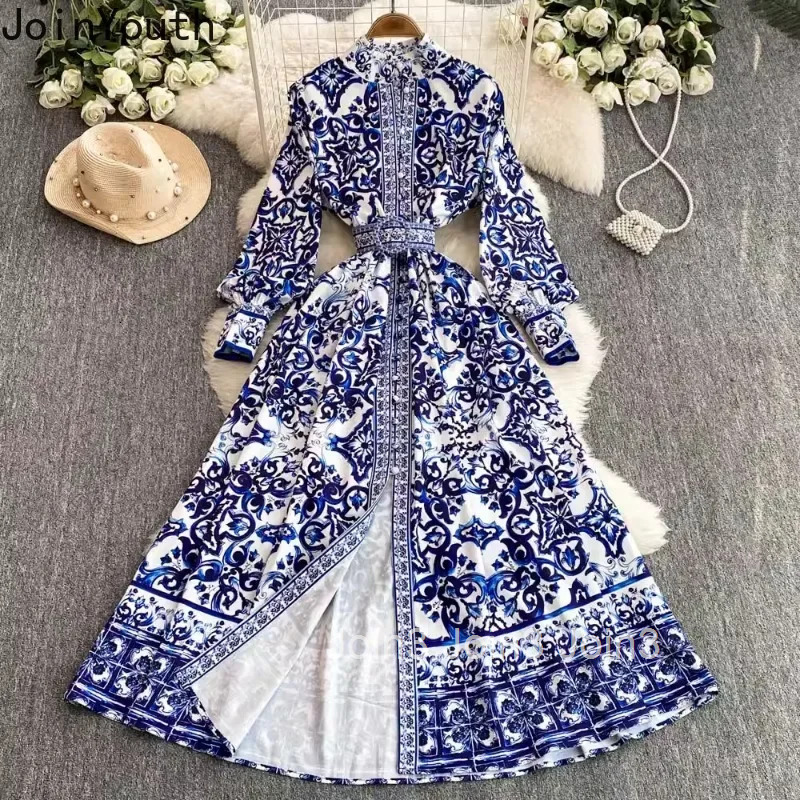 Temperament Dress Women Vestidos De Mujer Stand Neck Single Breasted Floral Robe Femme Vintage High Waist Elegant Maix Dresses