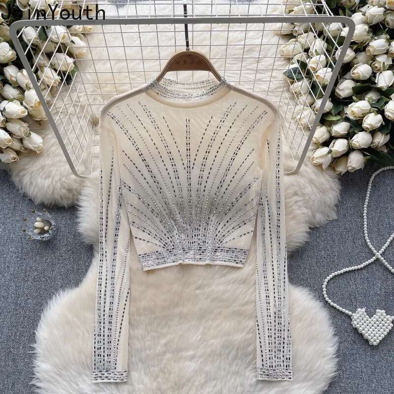 Fashion Tshirts Womens Clothing Heavy Diamond Tunic Tees 2025 Ropa Mujer Crop Tops Sexy See Throught Gauze T Shirt Y2k T-shirt