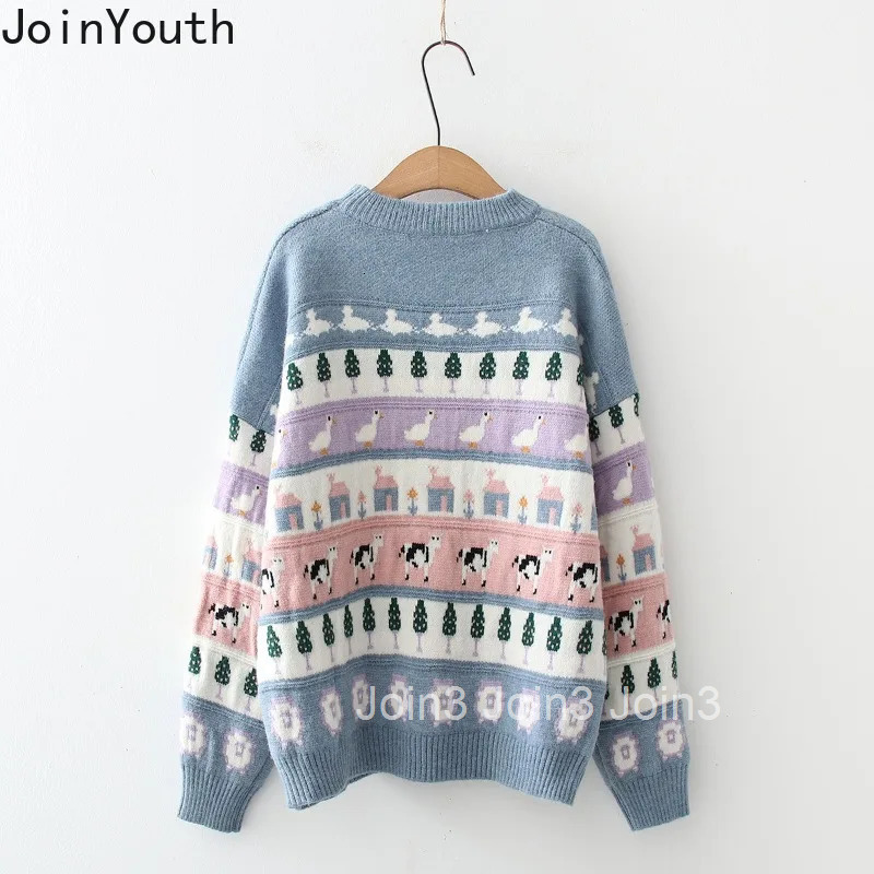 Japanese Jumper Preppy Style Fashion Pullovers Women Clothing Cartoon Print Casual Knitted Oversized Sweater Tops Pull Femme