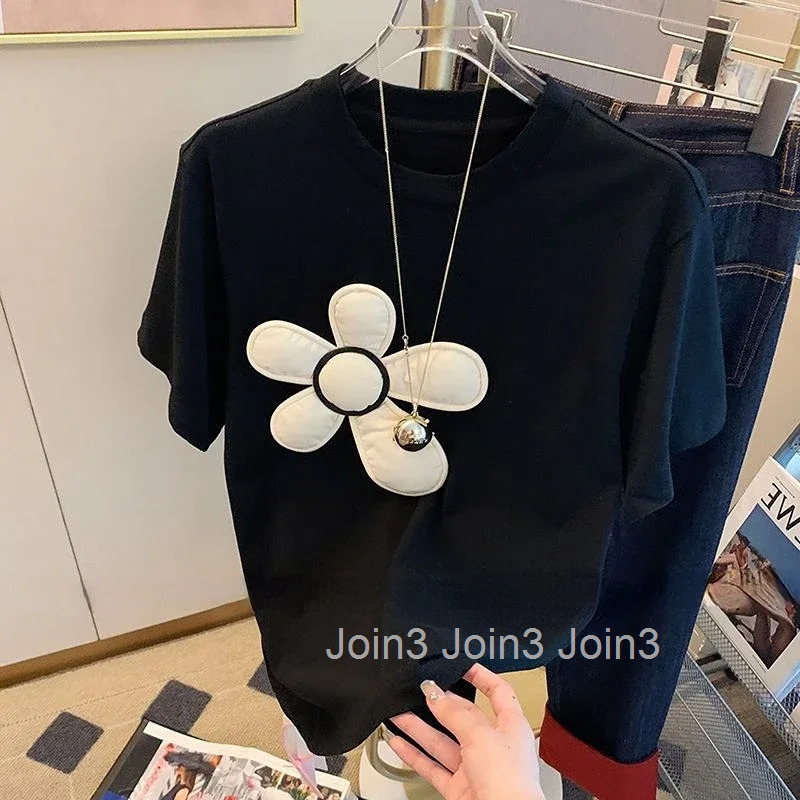 White T-shirts Women 2025 Ropa Mujer Chic 3D Floral Summer Tees Fashion Casual Korean Tshirts Cotton Y2k T Shirt Oversized Tops