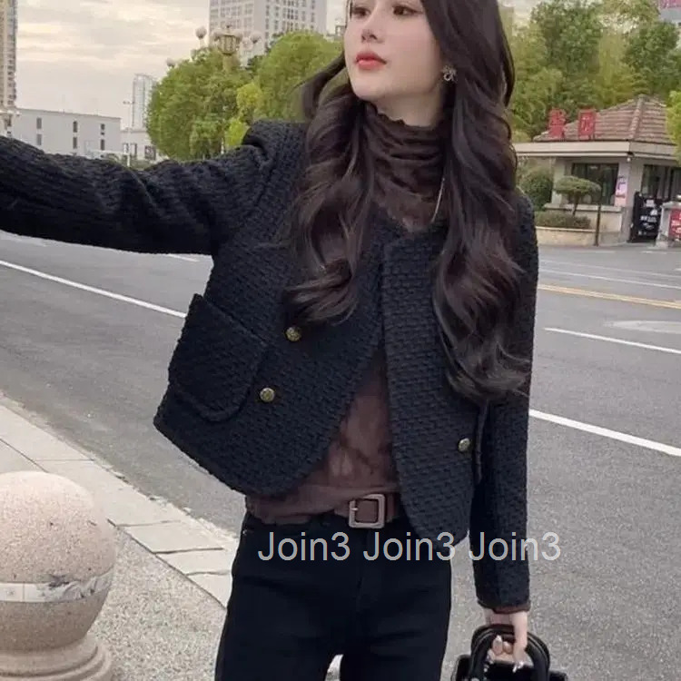 Temperament Ladies Tops Vintage Tweed Jackets Women Clothing O-neck Long Sleeve Double Breasted Crop Coat 2025 Ropa Mujer 27s493