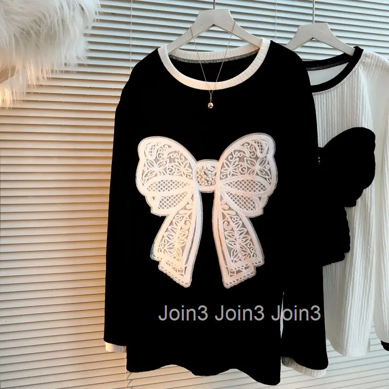 2025 Ropa Mujer Oversized T Shirts Womens Clothes Sweet Lace Beading Bow Tshirts Oversized Tops Korean Tees Summer Camisetas
