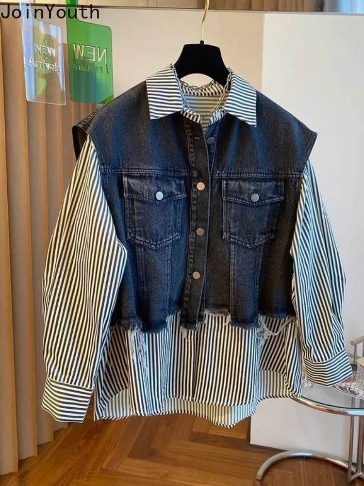 Blouse Womens Clothing Vintage Denim Patchwork Fake Two Shirts 2025 Blusas Mujer De Moda Casual Striped Y2k Oversized Tops