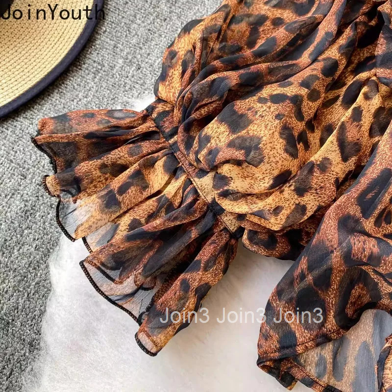 Sexy Leopard Print Shirts Womens Clothing Temperament Tops Lantern Sleeve Blouses Stand Neck Bandage Summer Camisas De Mujer