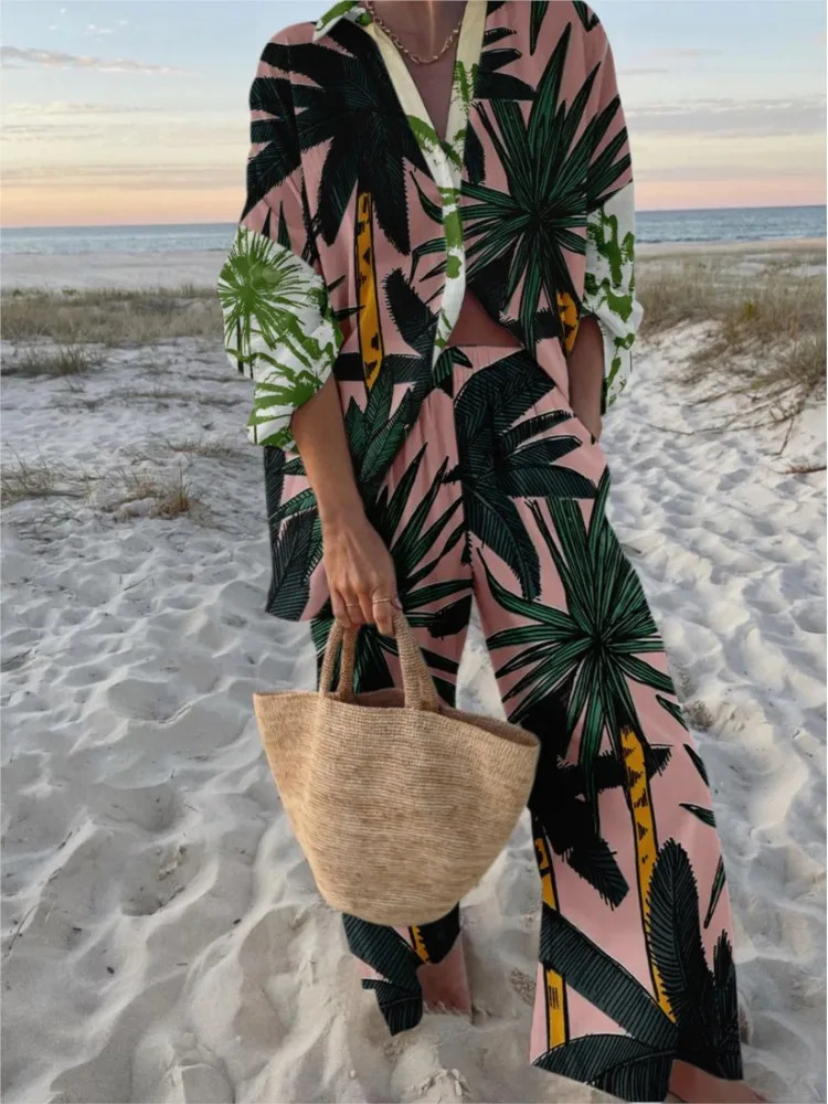 Casual Boho Print Set For Women Fashion Long Sleeve Tops High Waist Wide Leg Pants Two Piece Sets Lady Holiday Womens Clothing 250617