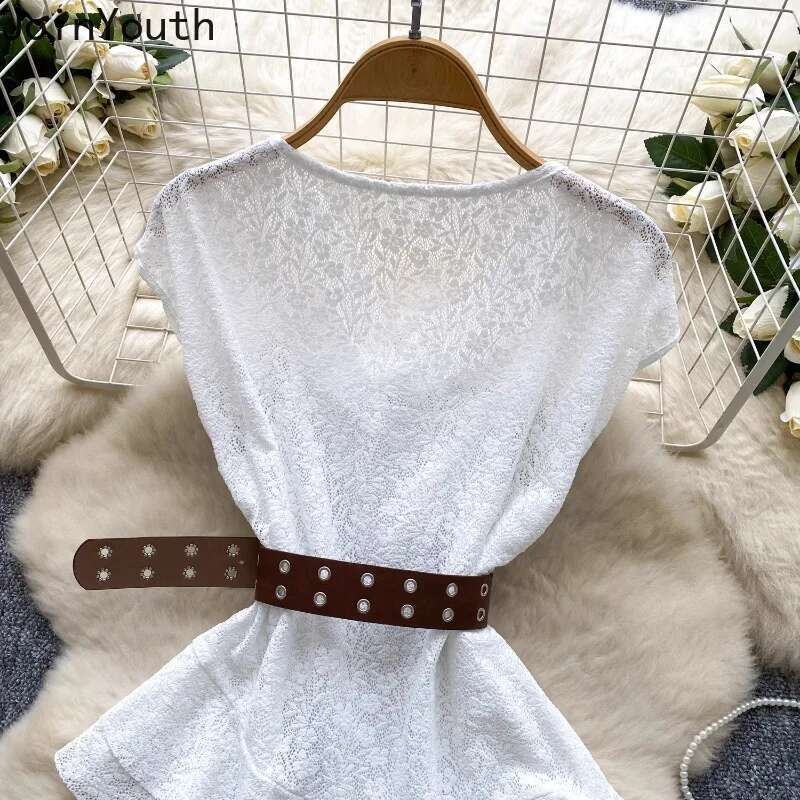 Sexy Blouses 2025 Womens Clothing Slim Waist Bandage Irregular Shirts Camisas De Mujer Lace Ruffles Chic Summer Tops Female