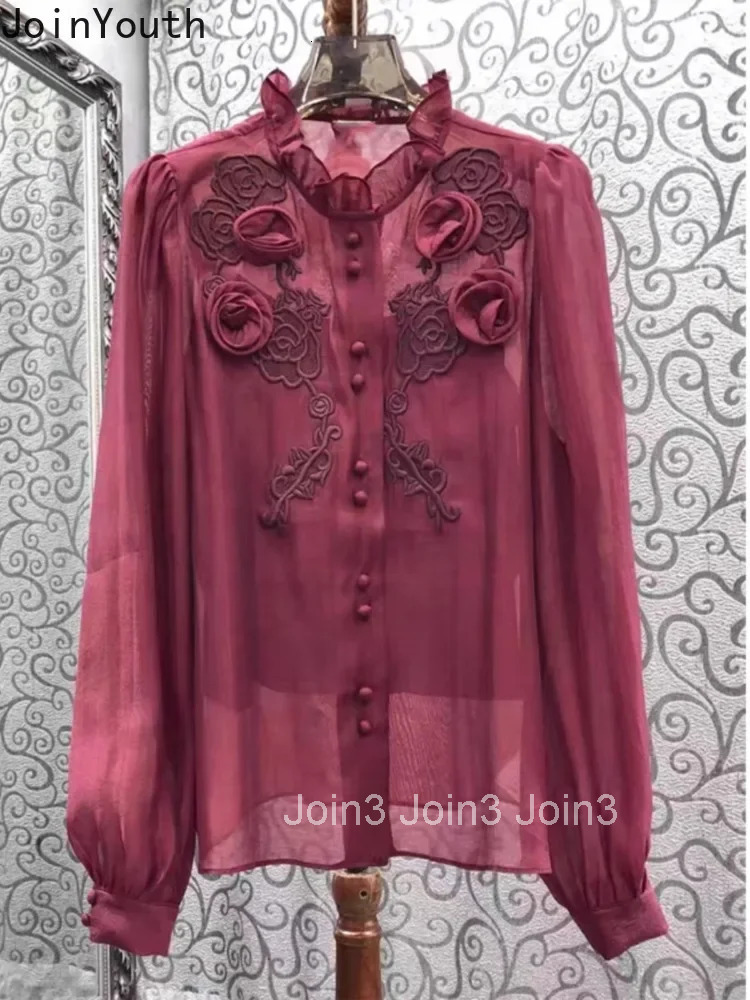 Korean Fashion Blouses Sets Two Piece Suit Stand Neck 3D Floral Long Sleeve See Through Shirt Sexy Vest Outfits Summer Clothing