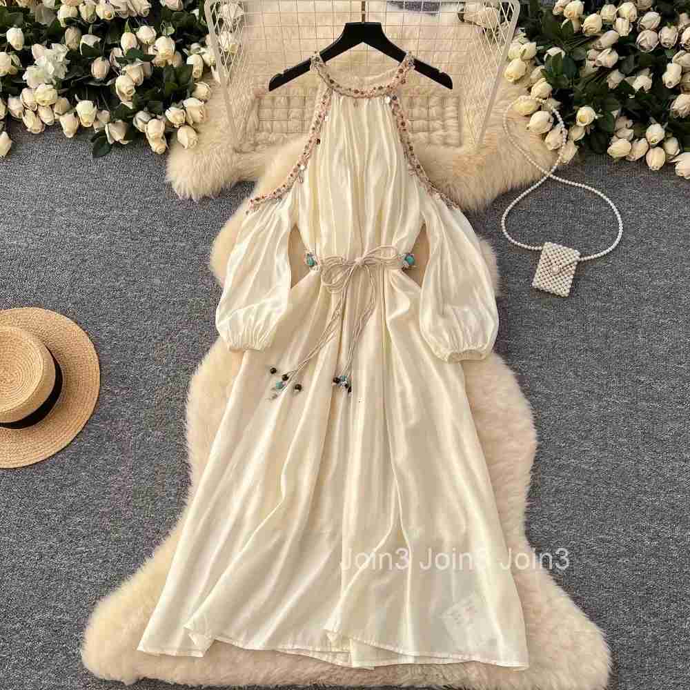2025 Vestidos De Mujer Holidays Dress Moda Sexy Hollow Out Halter Lantern Slim Waist Mujer Off Shoulder Lace Up Big Swing Robe