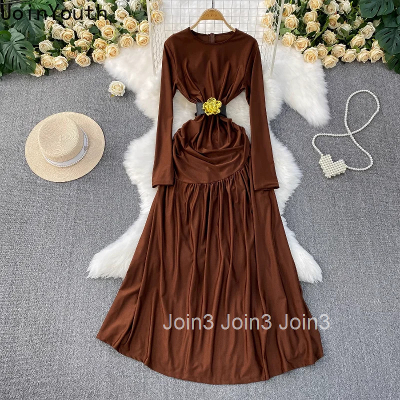 Maxi Dresses Women O-neck Long Sleeve Slim Waist Temperament Robe Femme 2025 Vestidos De Mujer Chic Floral Korean Summer Dress