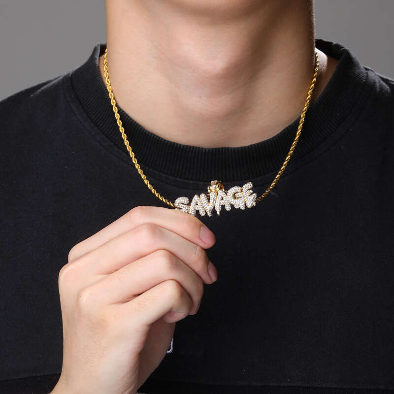 Jewelry SANAGE English Letter Rap Hip Hop Pendant Full Dia Micro Inlaid Men's Trendy Necklace