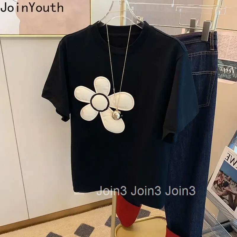 White T-shirts Women 2025 Ropa Mujer Chic 3D Floral Summer Tees Fashion Casual Korean Tshirts Cotton Y2k T Shirt Oversized Tops