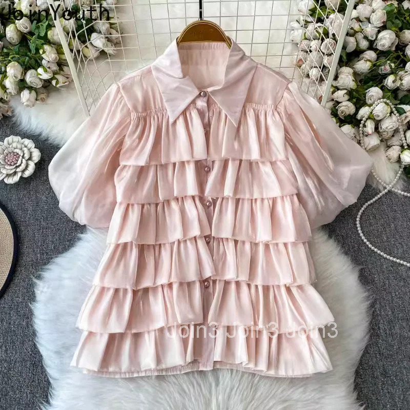 Vintage Women Shirts 2025 Blusas Mujer De Moda Sweet Ruffles Puff Sleeve Summer Blouses Korean Tops Temperament White Blouse