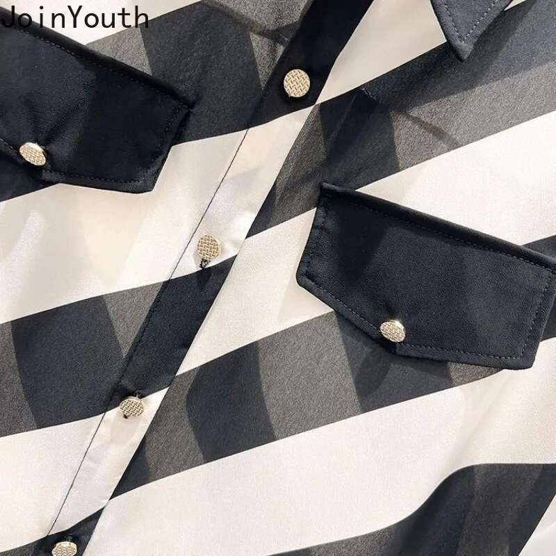 2025 Womenn Clothing Contrast Color Striped Shirts Camisas De Mujer Chiffon Summer Blouses Oversized Tops Vintage Blouse 63e234