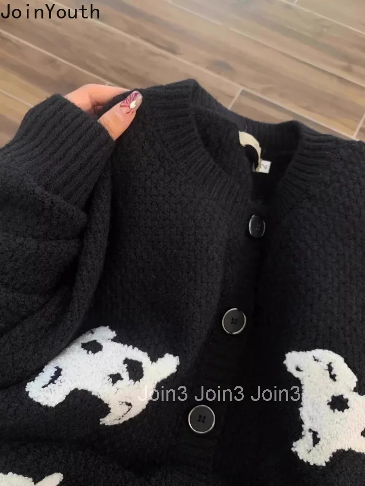Dog Black Cardigan Women Winter Clothing Sueter Mujer O-neck Fashion Thicked Knitting Sweater Jackets Vintage Korean Pull Femme