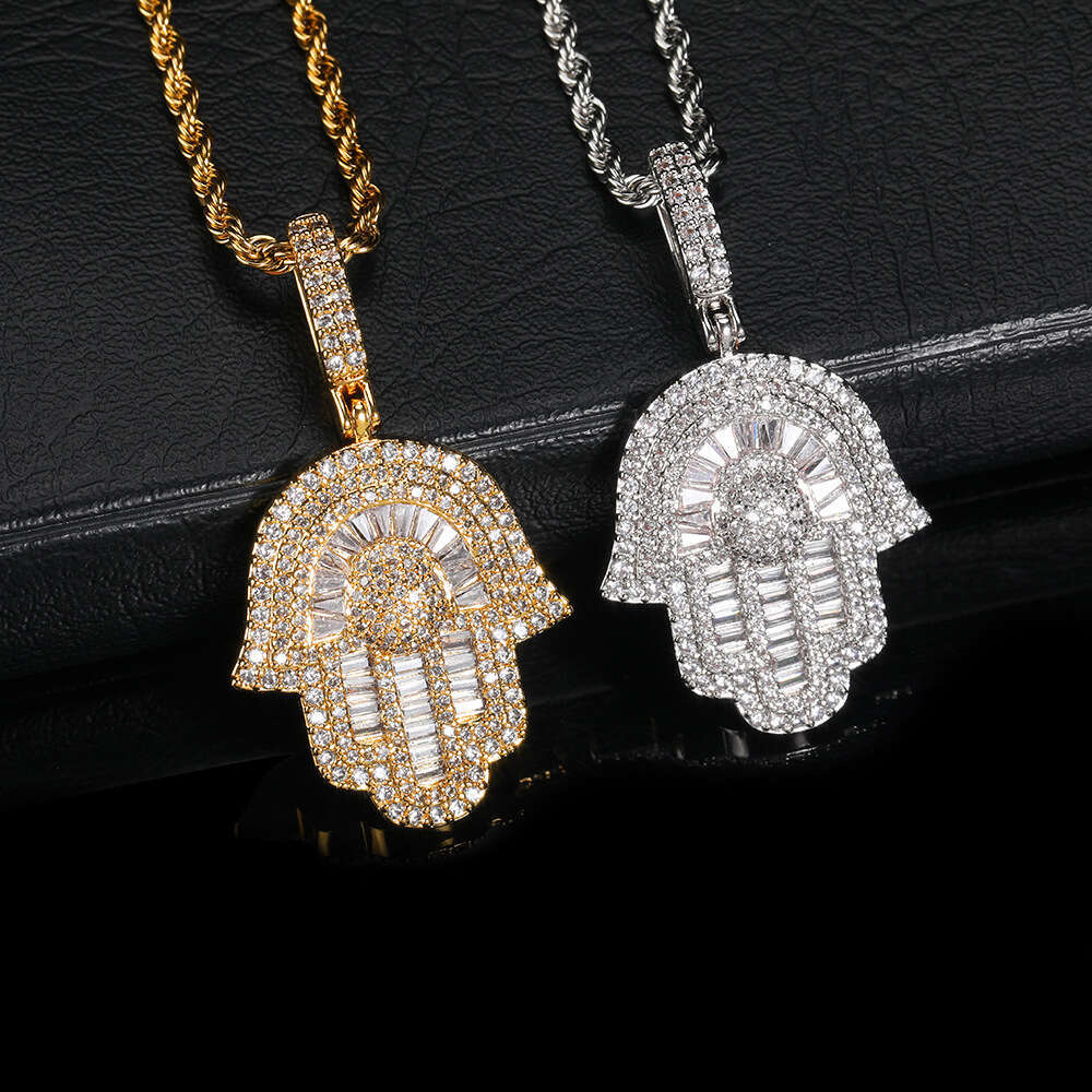 Copper Inlaid Zircon Small Palm Pendant Real Gold Plated Trendy Fatima Hand Hip Hop Necklace d722