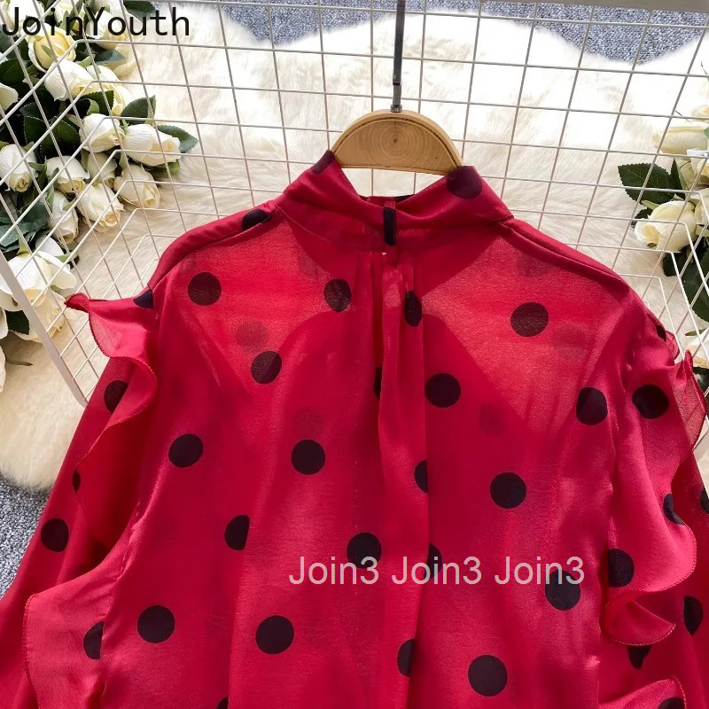 Vintage Blouse for Women 2025 Blusas Mujer De Moda Bandage Bow Lantern Sleeve Polka Dot Shirts Ruffles Chic Summer Blouses Tops