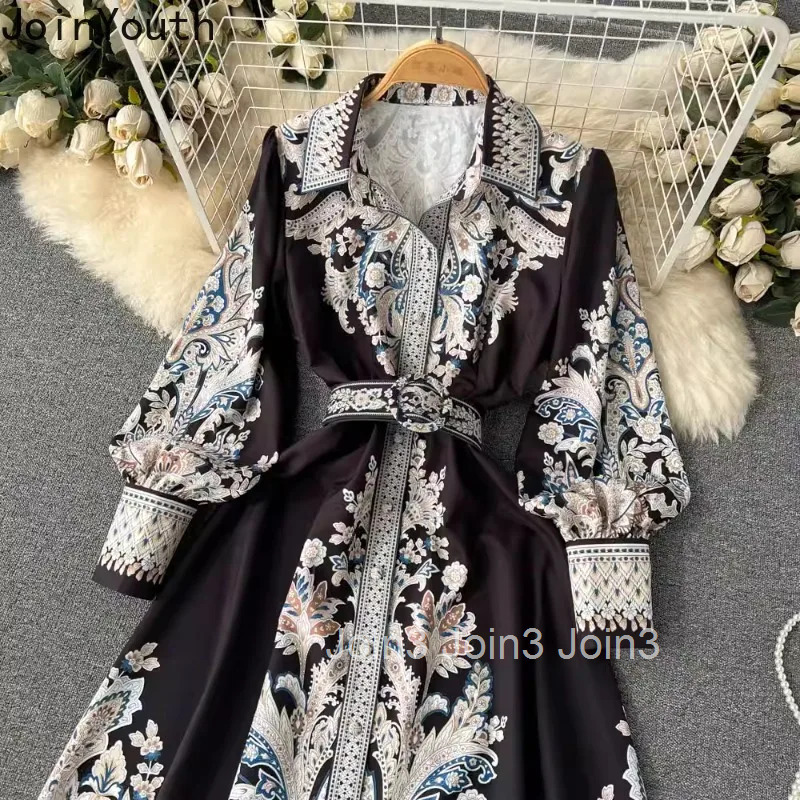 Print Maxi Dress Women Slim Elegant Long Robe Femme Fashion Vintage Dresses Lantern Sleeve Bandage Vestidos Mujer Clothes