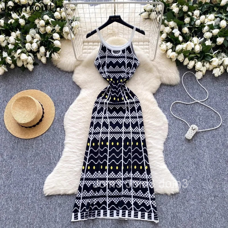 Knitting Thin Dress Women Clothes Print Sleeveless Summer Robe Femme Casual Fashion Vintage Maxi Dresses 2025 Vestidos De Mujer