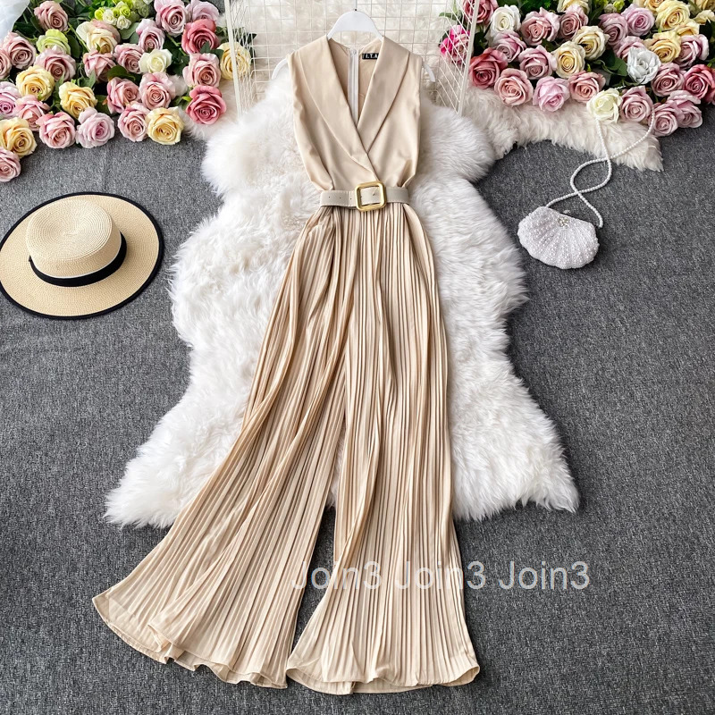 Korean Fashion Jumpsuit Women Clothes Temperament Solid Color Playsuit Slim Waist Pleated Flare Pants Bodysuit Summer Jump Suit