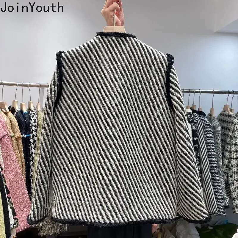 Oversized Jackets for Women Fashion Vintage Striped Tweed Thicked Outwear 2025 Ropa Mujer Winter Clothes Korean Warm Coat Tops