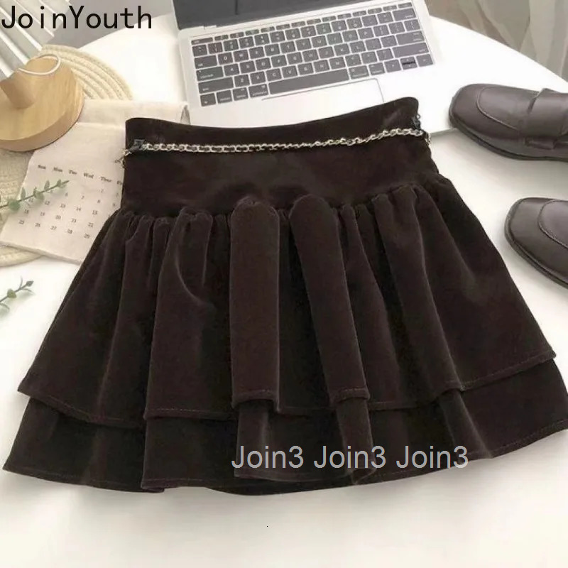 Mini Skirts Women Korean Jupe 2025 Faldas Mujer De Moda High Waist A-line Saia Ruffles Vintage Velvet Thicked Skirt with Belt