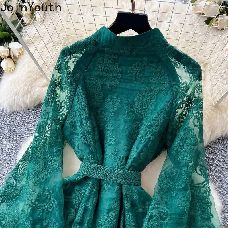 Stand Neck Single Breasted Dress Women Clothing Lantern Sleeve Lace Gauze Maxi Dresses Heavy Embroidery Temperament Robe Femme