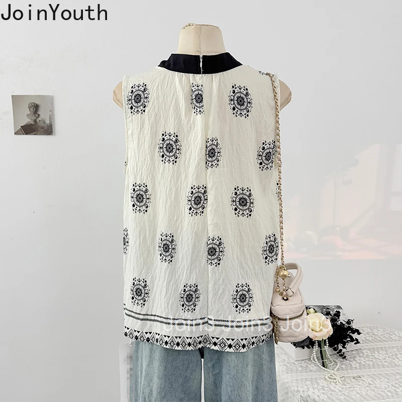Bohemia Blouse Women Clothing Stand Neck Sleeveless Bandage Shirt 2025 Blusas Mujer De Moda Loose Summer Vintage Tops Female