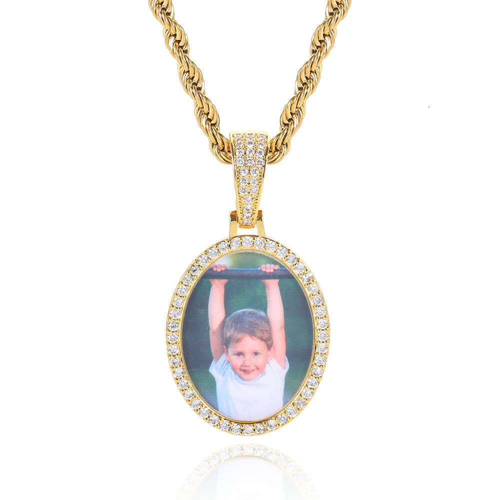 Memory DIY Commemorative Oval Necklace Micro Paved Zircon Trendy Personality Hip Hop Photo Frame Pendant 0fdc