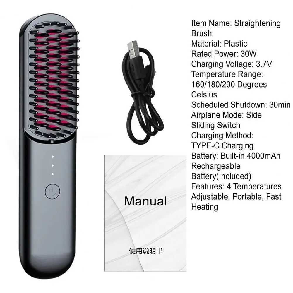 3 Temp Adjustable Hair Straightener Brush Fast Heating Rechargeable Cordless Electric Fluffy Curly Hair Styling Detangling CombXJ250621